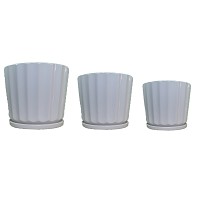 MACETA DE CERAMICA FACETADA RAYADA CON PLATO SET X3 MODELO4-2306108