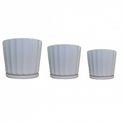 MACETA DE CERAMICA FACETADA RAYADA CON PLATO SET X3 MODELO4-2306108