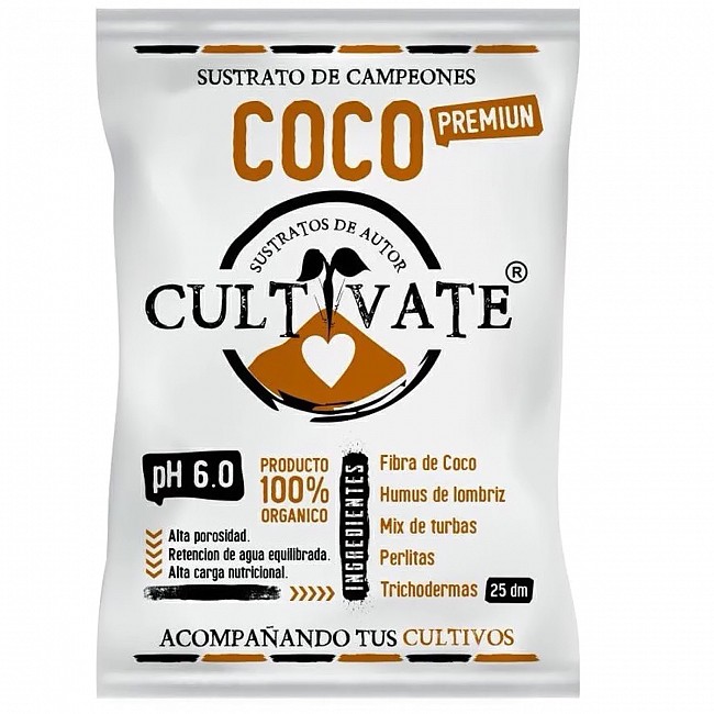 SUSTRATO CULTIVATE COCO PREMIUM ORGÁNICO 100% 25 LITROS