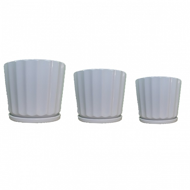 MACETA DE CERAMICA FACETADA RAYADA CON PLATO SET X3 MODELO4-2306108